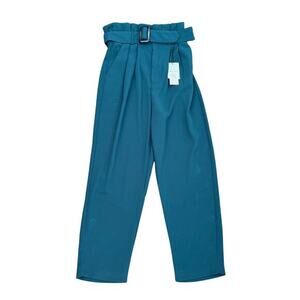 NWT Stradivarius Turquoise Belted  Paper Bag Trousers Pants - Size 4